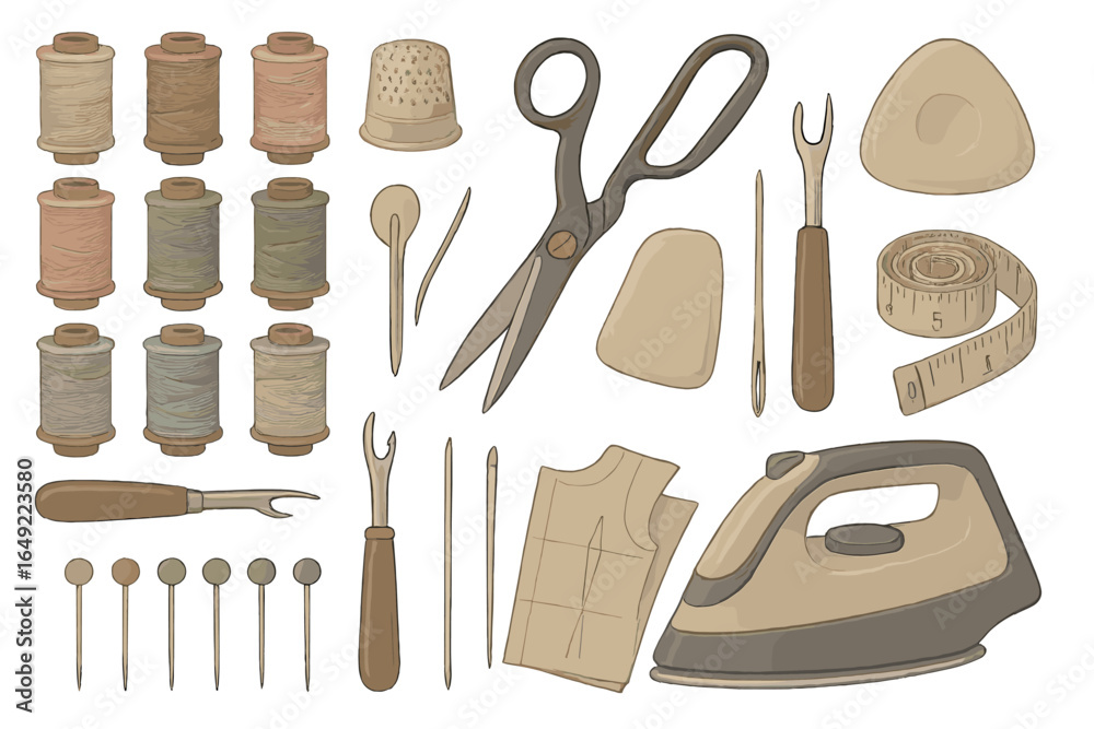 Obraz premium Crafting materials and tools displayed on a flat surface for sewing projects in a creative workspace