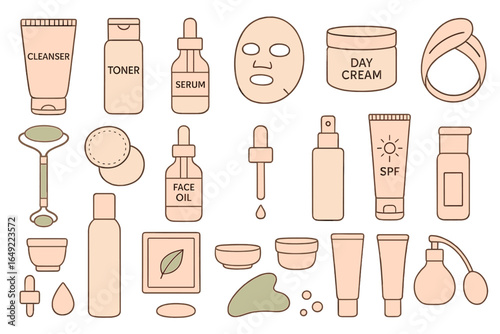 Collection of skincare products including cleansers, toners, masks, and creams in a flat lay arrangement on a white surface