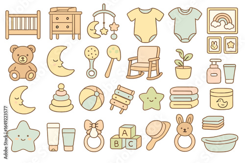 Cute nursery items and baby essentials arranged in a playful layout featuring toys, clothes, and decorations