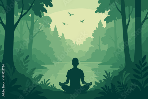 Peaceful illustration of person meditating by a forest lake with birds flying overhead, surrounded by lush green trees and foliage