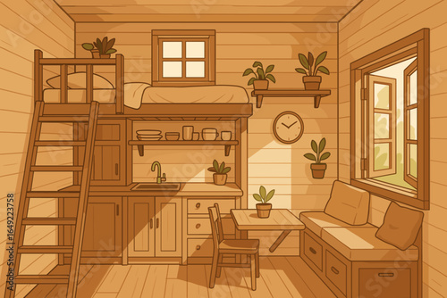 Cozy illustration of tiny house interior with loft bed, kitchenette, wooden furniture, potted plants, open window, and warm natural light
