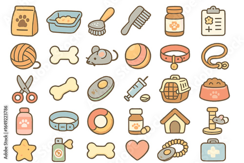 Set of Cute Pet Care Icons Including Food, Toys, Grooming Tools, Medicine, Collars, Carrier, and Veterinary Supplies