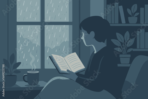 Person Reading Book Indoors on Rainy Day with Hot Drink by the Window