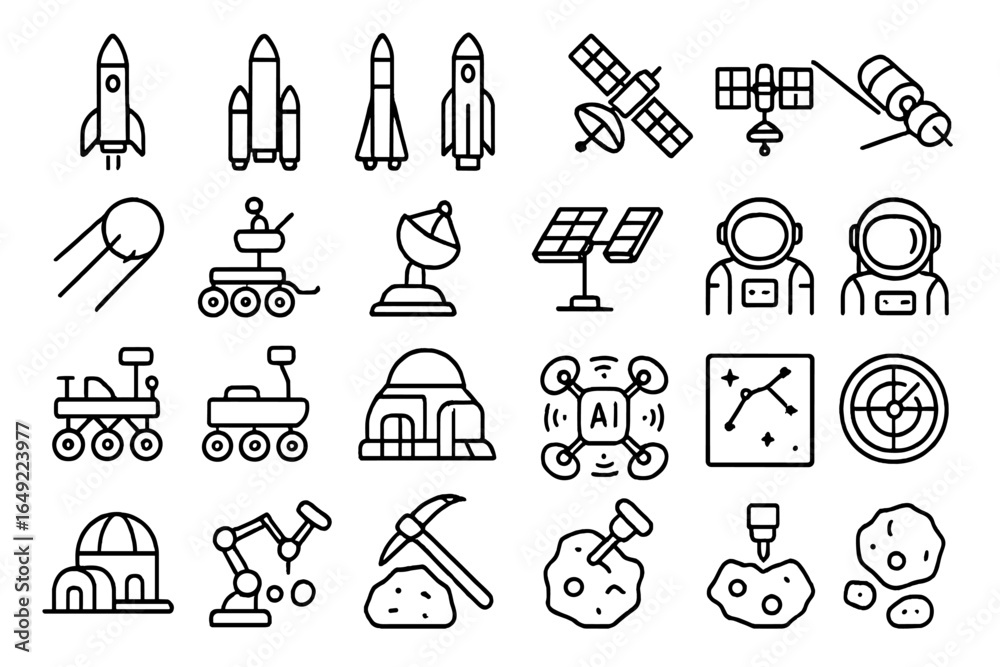 Fototapeta premium Set of Outline Space Exploration Icons Including Rockets, Satellites, Astronauts, Rovers, Telescopes, and Asteroids on Metallic Background