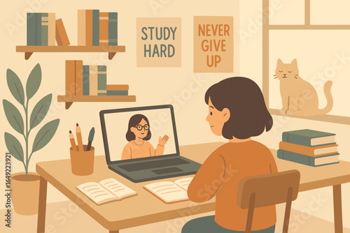 Illustration of student studying online at desk with laptop, books, motivational posters, and cat sitting on windowsill