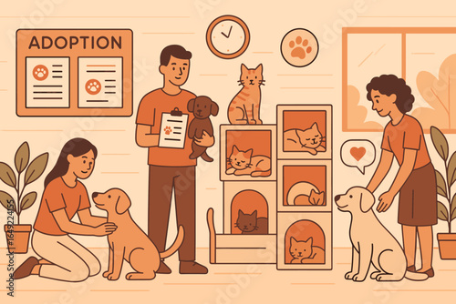Animal adoption event features volunteers helping pets find loving homes in a cozy shelter