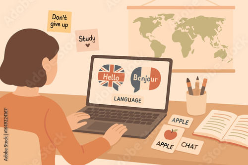 Online language learning session featuring vocabulary practice and global maps