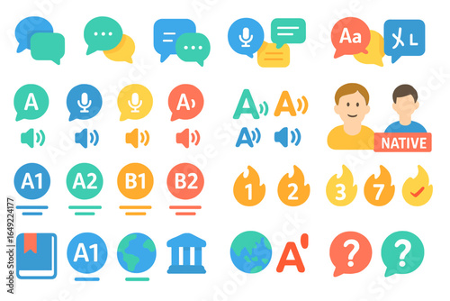 Colorful language learning icons representing various levels and activities in an educational setting