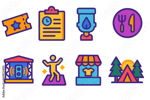 Colorful icons representing various aspects of event planning and outdoor activities in a creative design