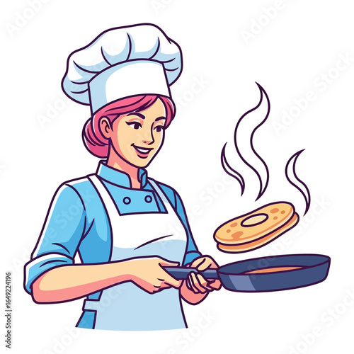 Chef's Culinary Creation: A cheerful chef skillfully flips a pancake, steam rising from the perfectly cooked circle, showcasing culinary expertise and gastronomic delight.