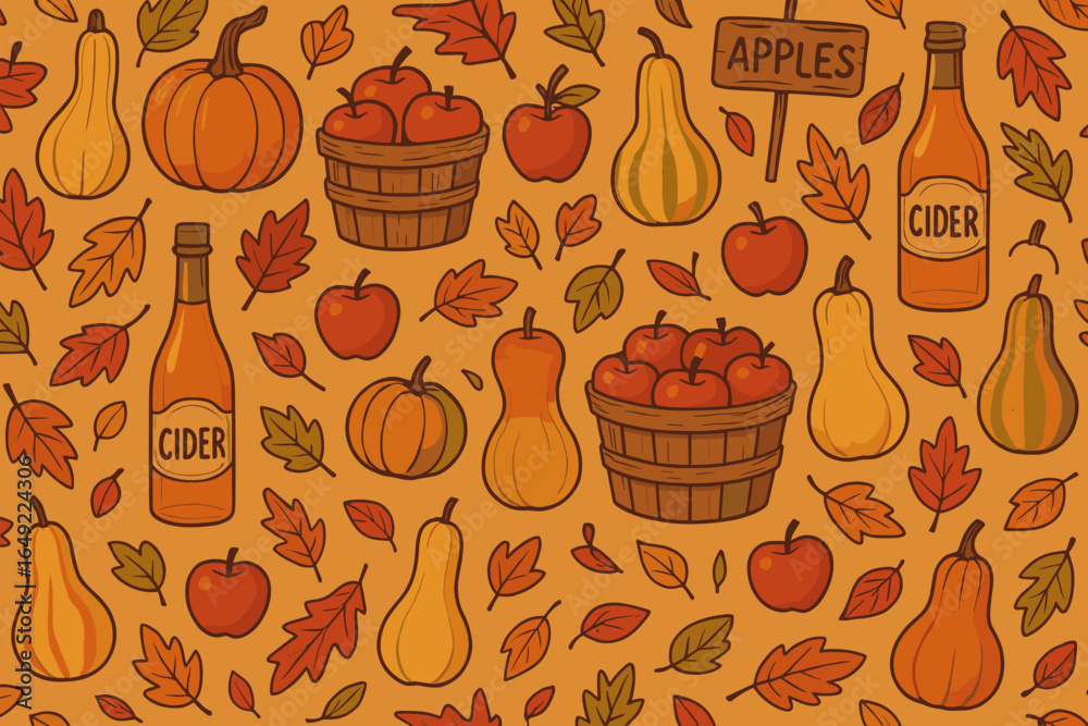 custom made wallpaper toronto digitalColorful autumn harvest pattern featuring apples, pumpkins, cider, and gourds on a bright orange background