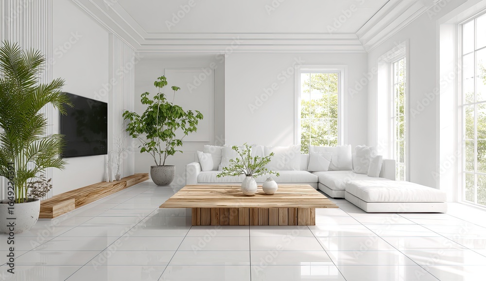 Fototapeta premium Bright, minimalist living room with white walls and furniture
