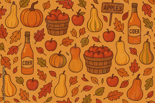 Colorful autumn harvest pattern featuring apples, pumpkins, cider, and gourds on a bright orange background