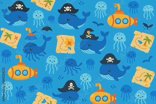 Colorful playful underwater adventure with pirates and sea creatures in a vibrant design
