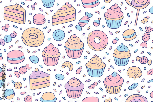 Colorful desserts and sweets pattern featuring cakes, cupcakes, and candies on a white background