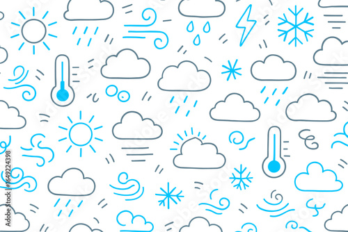 Creative weather icons illustrating sun, clouds, rain, snow, and wind across a white background for design projects