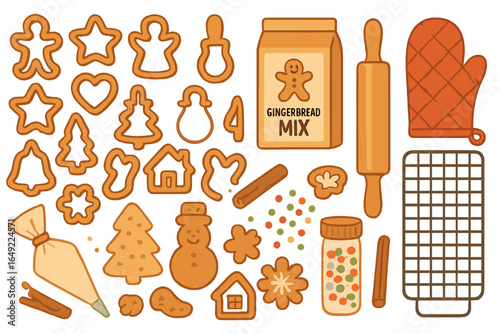 Gingerbread cookie decorating supplies and shapes ready for holiday baking fun