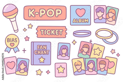 Colorful K-Pop themed decorations featuring concert tickets, albums, and fan items for an energetic fan event