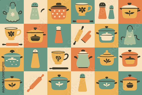 Colorful kitchenware pattern featuring pots, cups, and rolling pins designed for home cooking enthusiasts