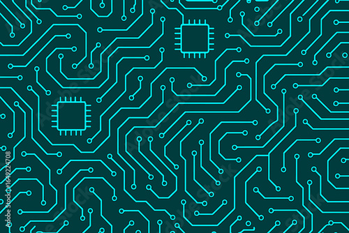 Detailed circuitry design featuring multiple chips and complex paths on a dark background for technology enthusiasts and developers
