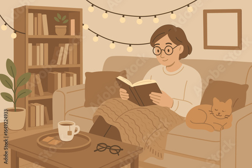 Cozy reading session at home with a cat, warm drinks, and soft lighting during the evening