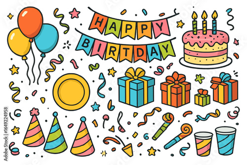 Colorful birthday celebration decorations with cake, gifts, and balloons for a festive occasion