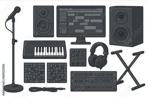 Music production setup featuring a microphone, computer, speakers, and various electronic instruments in a sleek black theme