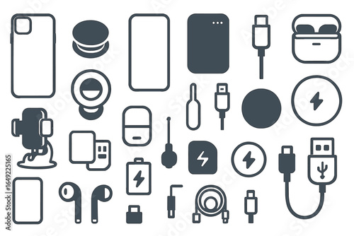 Various smartphone accessories and gadgets arranged neatly on a flat surface with a minimalist design