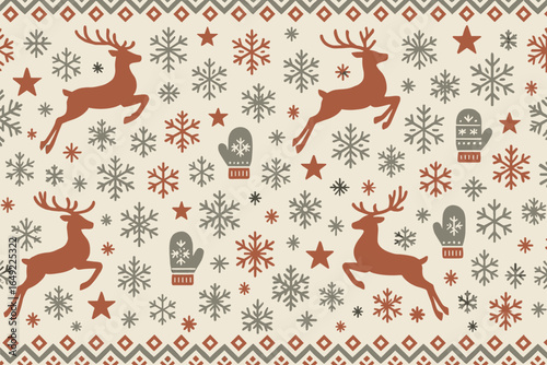 Holiday themed pattern with reindeer, snowflakes, and mittens for festive decor