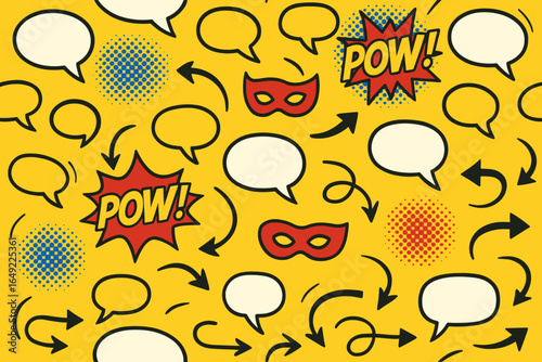 Comic style background filled with speech bubbles and superhero elements in bright yellow