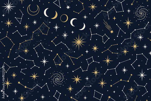 Starry night sky with constellations, celestial bodies, and cosmic patterns in a dark backdrop