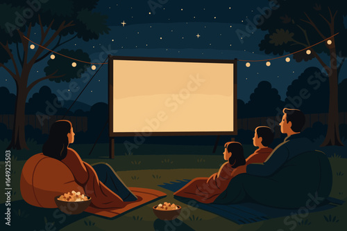 Family watching a movie under the stars with cozy blankets and popcorn in a backyard setting during a clear night