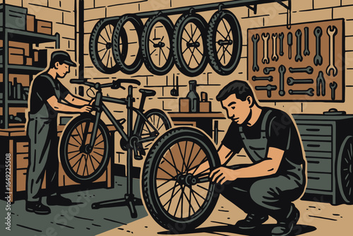 Workers repairing bicycles in a workshop during daylight hours, focused on maintenance and assembly tasks