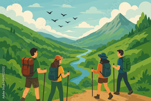 Group of hikers enjoying a scenic view of a lush valley with mountains and a river in daytime
