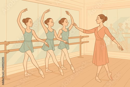 Ballet practice in a dance studio with a teacher guiding students during an afternoon class