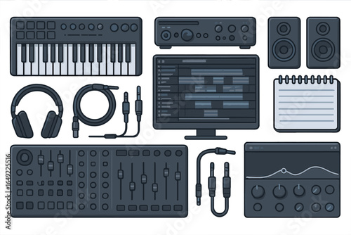 Music production equipment setup for recording and mixing in a home studio context
