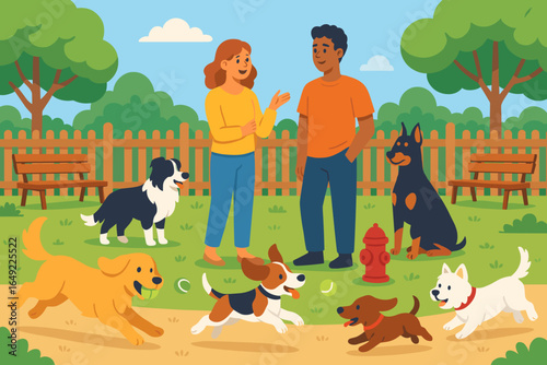 Happy dog owners are enjoying time at a vibrant park filled with playful dogs and lush greenery on a sunny day