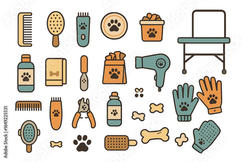 Essential grooming tools for pets arranged on a table showing a variety of items used for pet care and styling