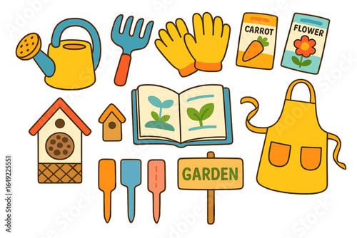 Colorful gardening tools and essentials showcased for a spring planting theme