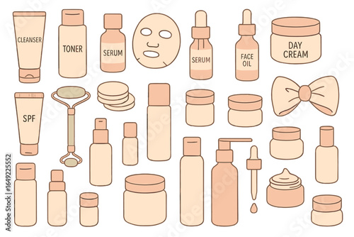 Beauty products layout featuring cleansers, serums, creams, and facial accessories for skincare routines in a minimalist style