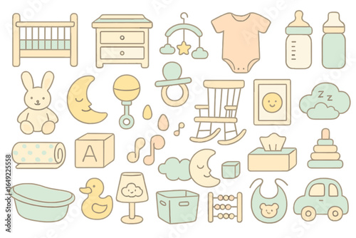Colorful collection of baby items and toys in pastel tones for nursery decor and infant care essentials