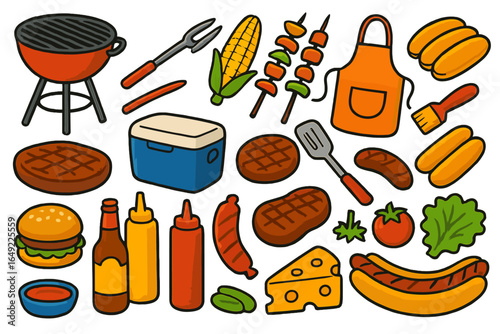 Grilling and barbecue essentials featuring various foods and utensils for outdoor cooking gatherings