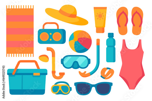 Colorful beach accessories for a sunny day at the shore with friends enjoying leisure time and water activities