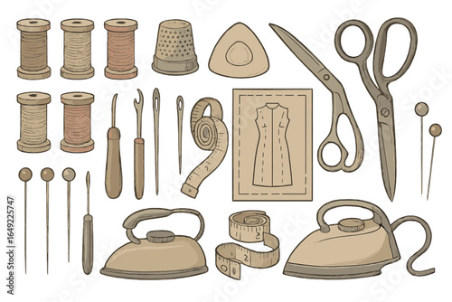 Tools and materials for sewing with threads, scissors, and patterns arranged in an organized layout