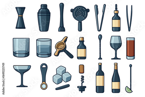 Cocktail making tools arranged artistically, showcasing bar equipment and glassware for drink preparation at a home bar