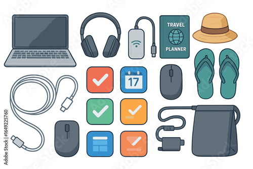 Travel essentials for a modern adventurer showcasing tech gadgets, accessories, and planning tools for a smooth journey