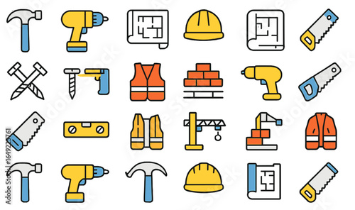 Construction tools and safety equipment icons arranged in a grid layout illustrating building activity essentials