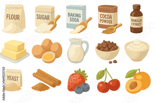 Ingredients for baking delicious desserts including flour, sugar, and fruits displayed on a kitchen countertop
