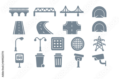 Various transportation and infrastructure symbols representing urban planning and development in a city environment