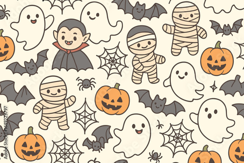 Cute Halloween seamless pattern with cartoon ghosts, vampires, mummies, bats, pumpkins, spiders, and cobwebs on cream background